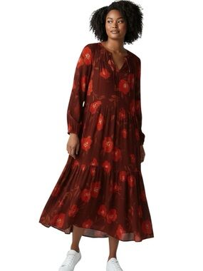 Cute Sonoma Gauzy Floral Dress. Vneck & Tie: Flowy Sz. 1X Maroon Orange Red